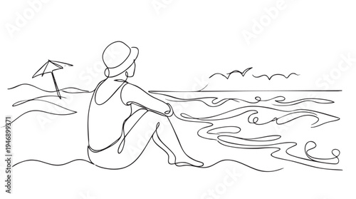 A single line drawing depicts a woman in a swimsuit and hat sitting on a beach, looking out at the wavy ocean with a small umbrella in the background.