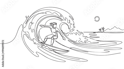 Dynamic minimalist line art depicts a surfer skillfully riding a massive ocean wave, with palm trees and mountains on the horizon under a sun.
