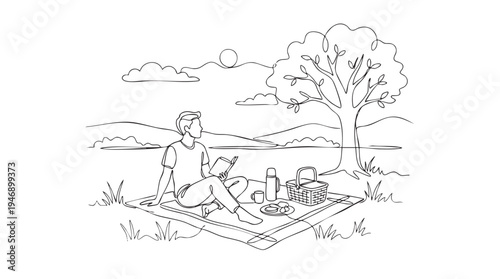 A single line drawing depicts a man sitting on a picnic blanket, reading a book in a serene natural landscape with a tree and rolling hills.