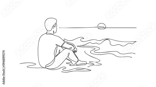 A minimalist one-line drawing shows a person sitting on the sand, facing the ocean and a setting sun, evoking feelings of solitude and reflection.