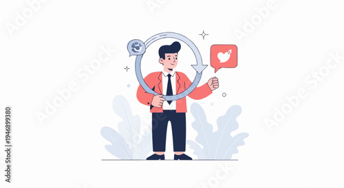 Man in suit holding a circular arrow, social media icon in speech bubble, surrounding plants