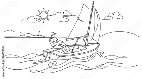 This is a minimalist line art illustration depicting a person sailing a small boat on the sea under a bright sun and clouds, with a distant lighthouse on the horizon.