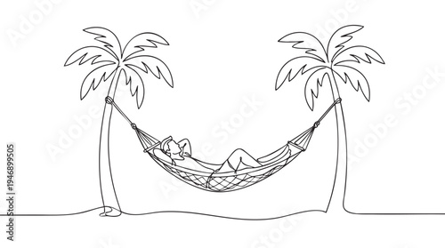 A minimalist single line drawing depicts a person lying in a hammock strung between two palm trees, conveying a sense of relaxation and tropical escape.