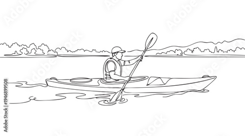 A minimalist black and white line drawing of a man in a kayak paddling on a calm body of water with a scenic outline of trees and mountains in the background.