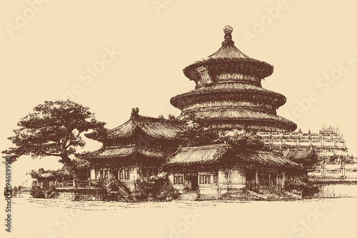 Temple of Heaven, China illustration in a vintage style. This vector illustration can be used in any size you like for advertising, logos, and other work.
