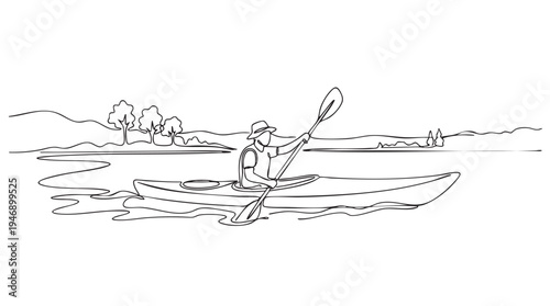 A minimalist line art illustration depicts a person in a kayak paddling on a serene body of water, with a tranquil landscape of hills and trees in the background.