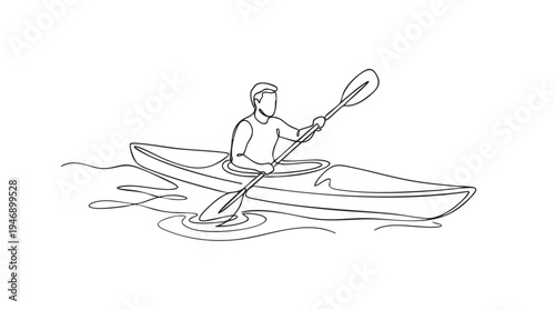 Minimalist single line drawing of a man paddling a kayak on water, capturing the motion and simplicity of the activity.