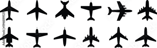 Airplane silhouette collection, aircraft top view, commercial jet military cargo planes, aviation design reference, aerodynamics study illustration, educational material set