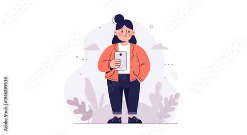 A cheerful person with dark hair tied in a bun holds a phone, looking directly at the viewer