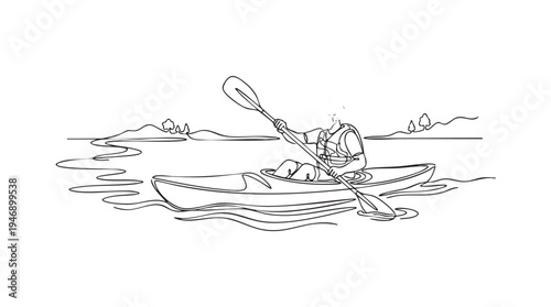 A minimalist line drawing depicts a person in a kayak paddling across a serene lake with rolling hills and trees in the background.