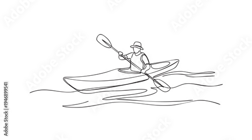 A minimalist one-line drawing depicts a person in a hat paddling a kayak through wavy water, conveying a sense of calm outdoor activity.