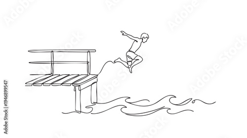 A minimalist line drawing of a young boy leaping off a wooden dock into stylized waves, evoking freedom and summer fun.