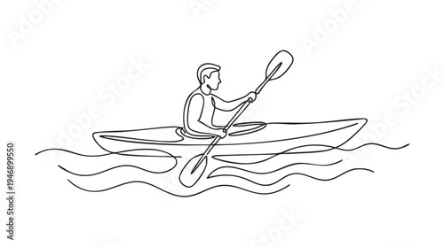 A minimalist one-line drawing depicts a man paddling a kayak through gentle waves, conveying a sense of peaceful outdoor activity and adventure.