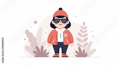 Cartoon illustration of a person wearing a beanie, sunglasses, jacket, and pants