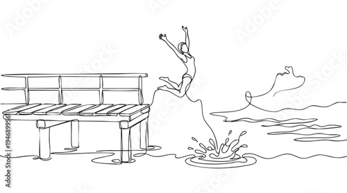 A continuous line drawing depicts a joyful woman in a swimsuit leaping from a wooden dock into the water, creating a splash as she falls.