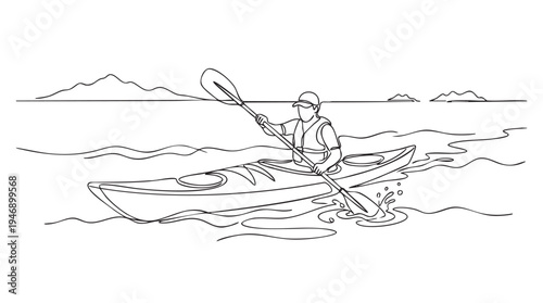 Minimalist single line drawing of a person in a kayak, paddling on a wavy body of water with distant mountains.