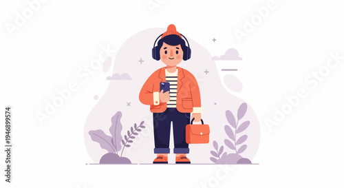 Young person with headphones and a briefcase, holding a phone