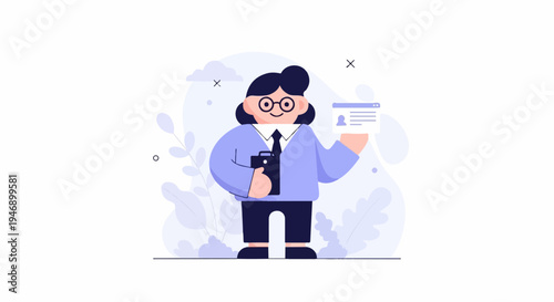 Stylized figure in business attire holds ID card, digital profile visible