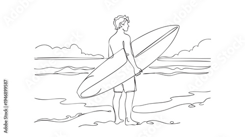 This minimalist one-line drawing captures a surfer standing on a beach, holding a surfboard, with stylized waves and clouds in the background.