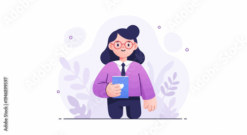 Stylized cartoon woman with dark hair, glasses, and purple cardigan holding a blue book