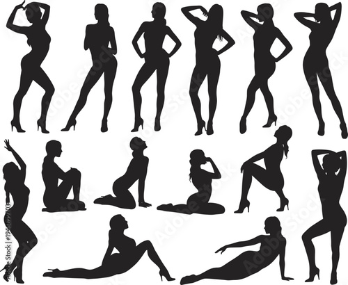 Silhouette woman poses collection, fashion model high heels, stylish female body positions, standing sitting reclining, artistic design reference illustration