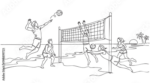 Dynamic one-line drawing captures a beach volleyball game with players in action against a sunset and palm trees, conveying energy and fun.