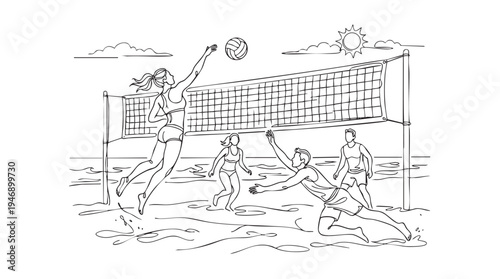 Dynamic one-line illustration of a beach volleyball game with players jumping and diving for the ball under a sunny sky, conveying action and summer fun.
