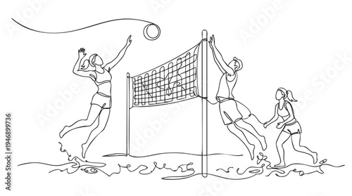 Dynamic black and white line art captures a beach volleyball game with players jumping and spiking over the net, representing summer fun and sportsmanship.