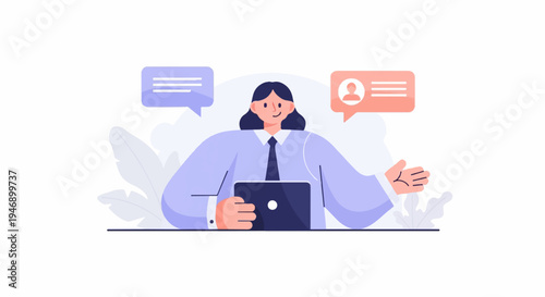 A person holding a tablet, with speech bubbles above, suggesting communication