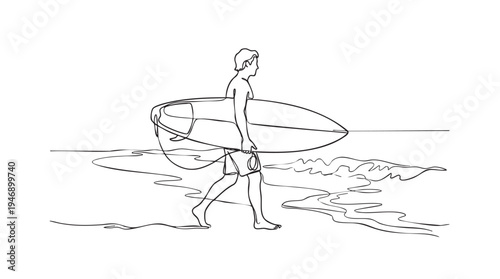 A minimalist black and white line drawing of a surfer carrying a surfboard as he walks along the edge of the ocean on a beach.