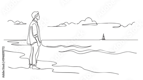 A minimalist single line drawing depicts a man standing on a beach, gazing thoughtfully at a sailboat on the horizon.