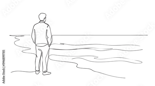 A minimalist single line drawing of a man standing with his back to the viewer on a sandy beach, looking out at the ocean waves.