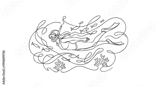 A minimalist line art illustration depicts a woman with long hair snorkeling underwater, surrounded by stylized fish and coral reefs in a flowing, continuous line style.