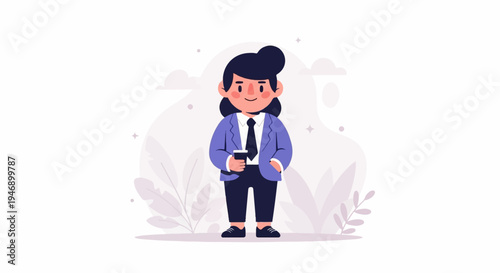 A stylized cartoon person in a suit holds a cup, with a soft, pastel background of leaves and clouds