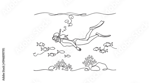 A woman in a snorkel mask and fins swims underwater surrounded by schools of fish and coral in a simple line art style.