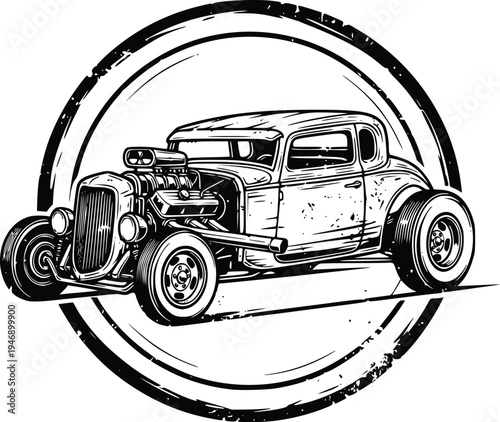 Vintage Hot Rod Coupe with Supercharged Engine Hand Drawn Vector Illustration