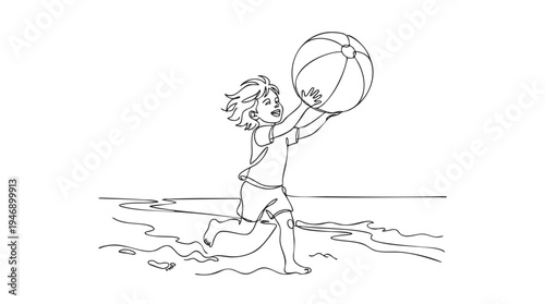 A joyful child runs with a ball at the water's edge on a beach, depicted in a minimalist one-line drawing style.
