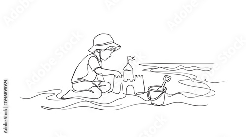 A minimalist one-line drawing depicts a young child wearing a sun hat, happily building a sandcastle on a sandy beach with a bucket and spade nearby.