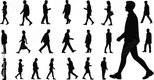 Silhouette people walking crowd, diverse postures, male female figures, urban movement illustration, social identity design, shadow art, behavioral study background