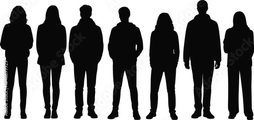 Silhouette diverse people standing group, casual attire, mixed genders, social identity illustration, demographic design, shadow figures, artistic community background