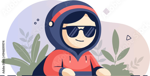 Stylized character in hoodie and sunglasses, surrounded by abstract plants and shapes