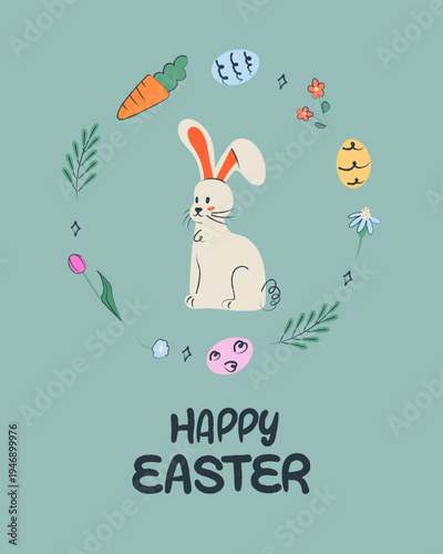 Cute Easter greeting card with a hand drawn bunny and decorated Easter eggs, wreath. Playful flat illustration perfect for holiday cards, spring designs, children’s projects, and seasonal promotions.