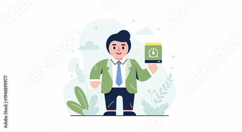 A smiling man in a green jacket holds a device with a timer icon against a light blue, cloudy backdrop