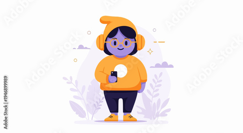 A whimsical character with headphones and a phone, in a playful, digital art style with pastel elements