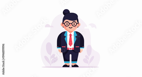 A cheerful cartoon person in a suit stands against a light background with abstract shapes