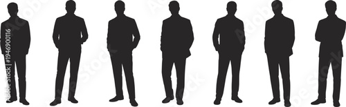 Silhouette men standing in suits, formal attire, business group posture, corporate identity, professional illustration, shadow figures, artistic design background