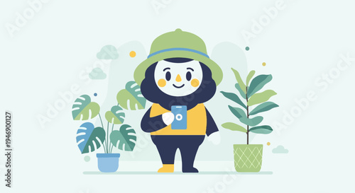 Cute cartoon character in a safari hat holding a phone surrounded by houseplants