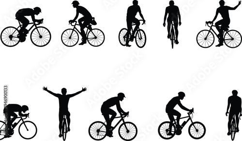 Silhouette cyclists riding bicycles, diverse cycling postures, racing stance, upright riders, hand gestures, walking figure, sports illustration, outdoor design, shadow art