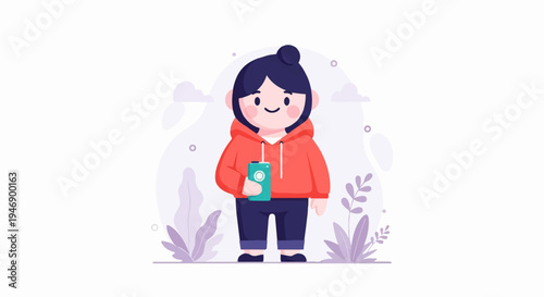 Young person holding a mobile phone, surrounded by abstract shapes and plants