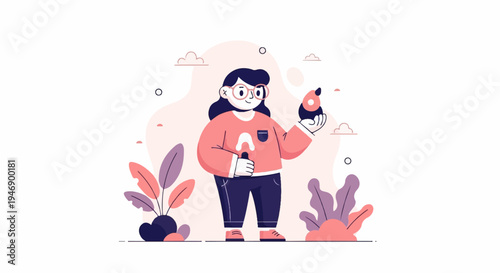 Cartoonish figure with dark hair and glasses holds a red and black object